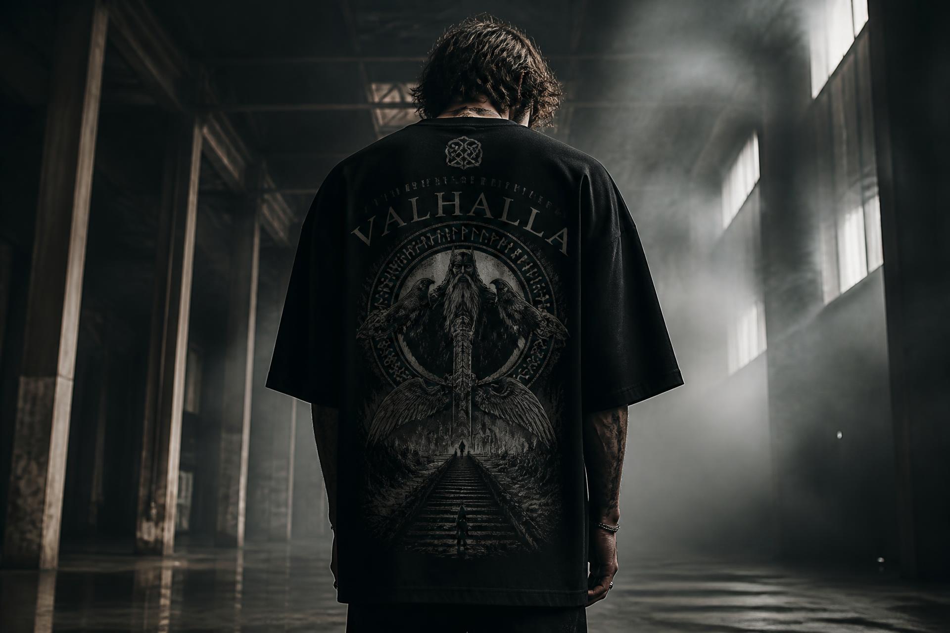 Model wearing the District Eleven Ragnarok oversized tee, back graphic visible
